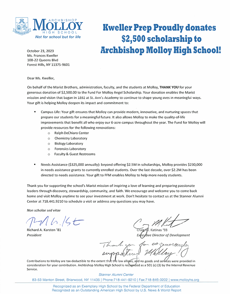Molloy Scholarship letter